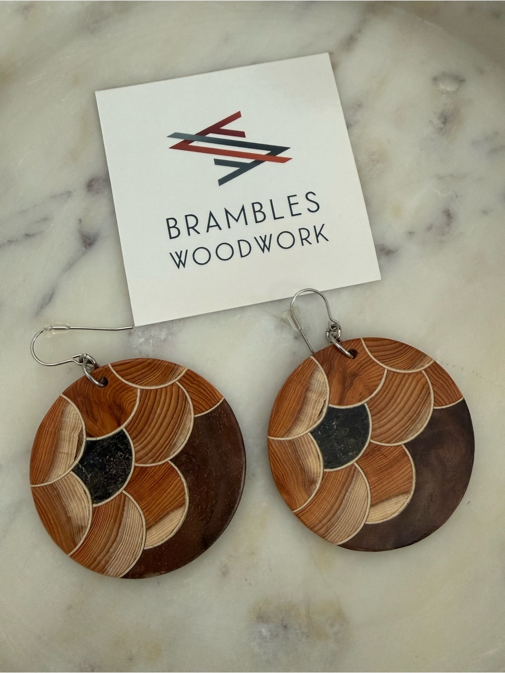 Brambles Woodwork Handmade Wood Inlay Scallop Earrings Yew Walnut Holly